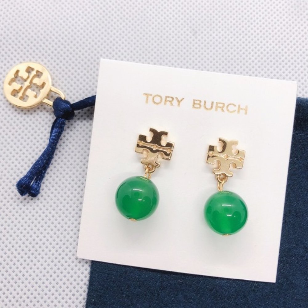 Tory Burch Classic Logo green ball drop earrings